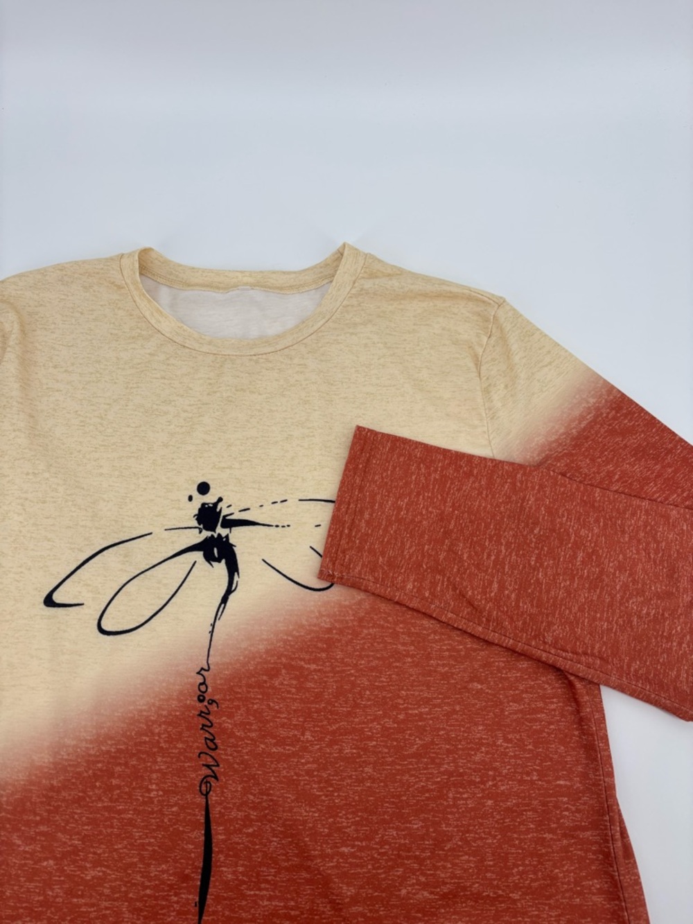 Womens Dragonfly Warrior Ombre Shirt XL Long Sleeve Rust Orange Cream Stretch